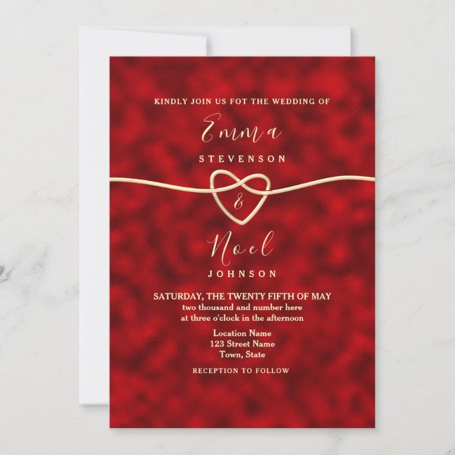 Invitation de mariage moderne rouge et or (Devant)