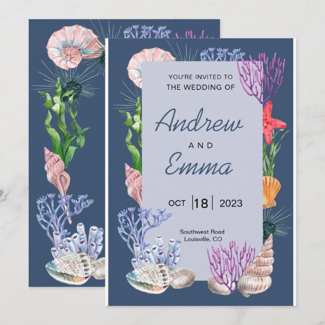 Invitation de mariage moderne sous l'océan bleu (Devant / Derrière)