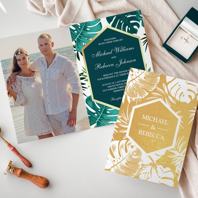 Invitation de mariage Monstera vert sarcelle feuil (Créateur téléchargé)