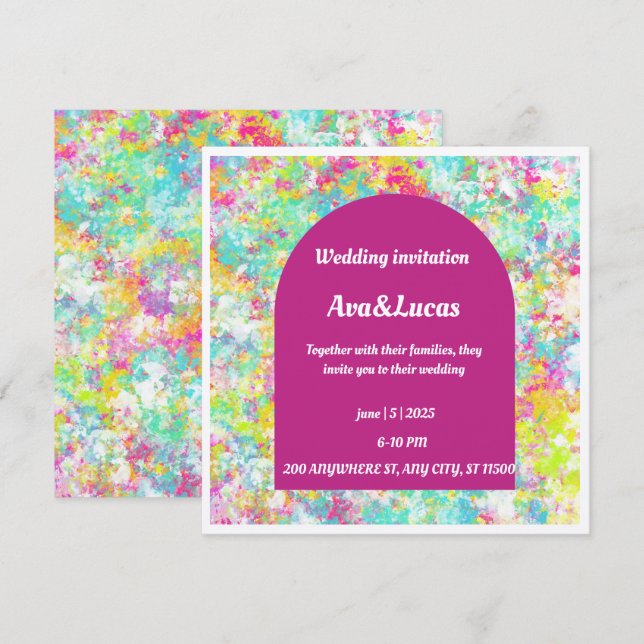 Invitation de mariage multicolore vibrante avec gr (Devant / Derrière)