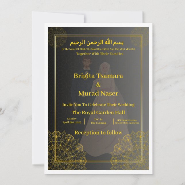 Invitation de mariage musulmane noire et or de lux (Devant)