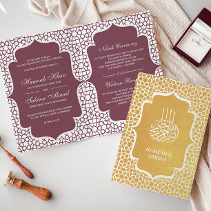Invitation de mariage musulmane rose en papier dor
