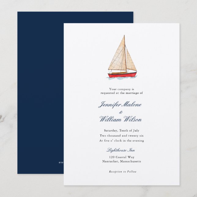 Invitation de mariage nautique à l'aquarelle voili (Devant / Derrière)