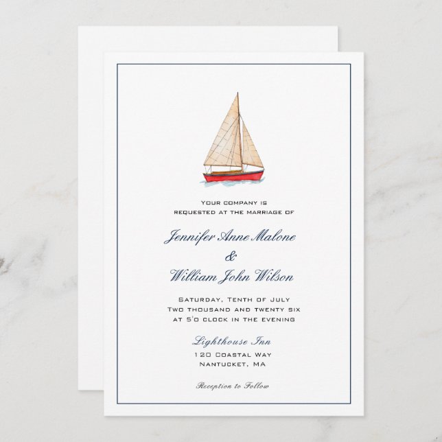 Invitation de mariage nautique à voilier aquarelle (Devant / Derrière)