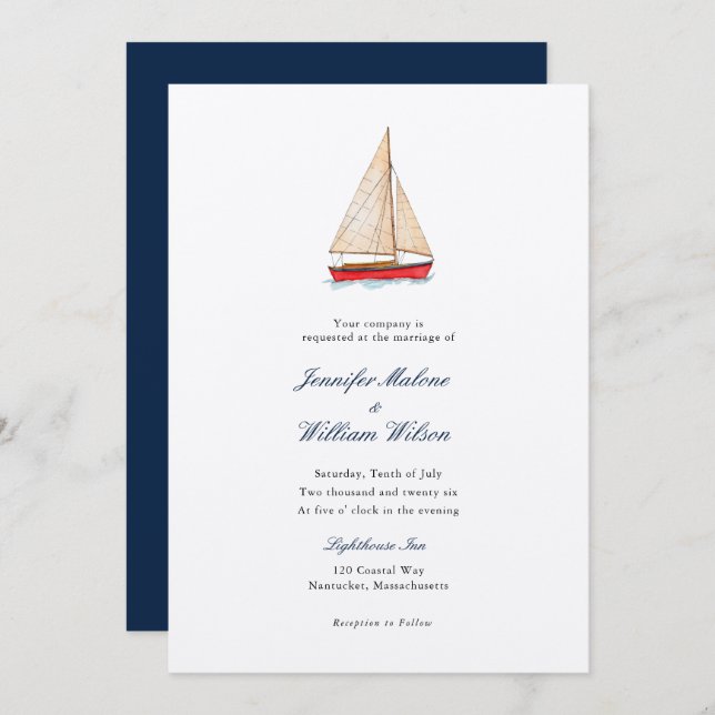 Invitation de mariage nautique à voilier aquarelle (Devant / Derrière)
