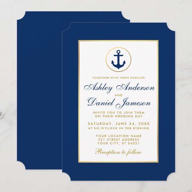 Invitation de mariage nautique bleu et or (Devant / Derrière)