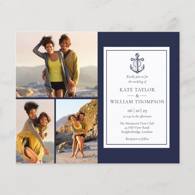 Invitation de mariage nautique bleu marine Budget  (Devant)