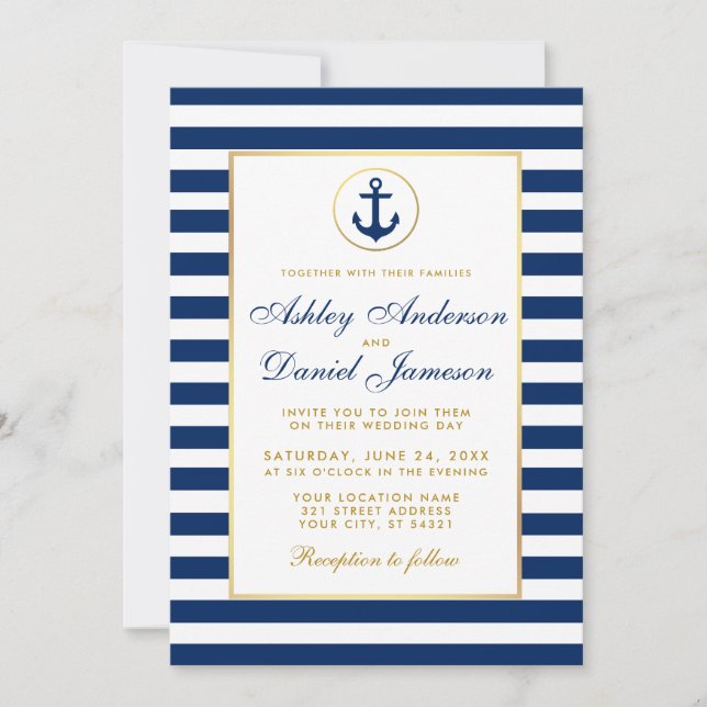 Invitation de mariage nautique bleu rayures or (Devant)