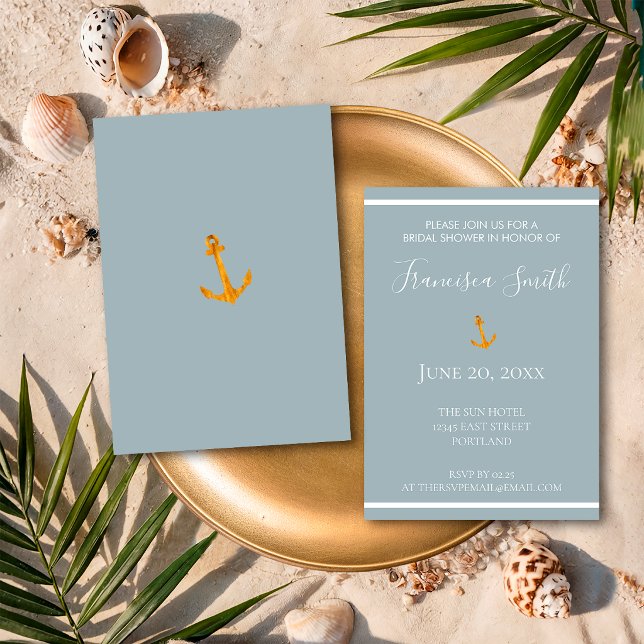 Invitation de mariage nautique gris avec ancre dor (Créateur téléchargé)