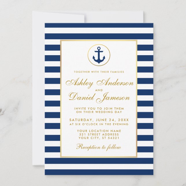 Invitation de mariage nautique rayures bleues or G (Devant)