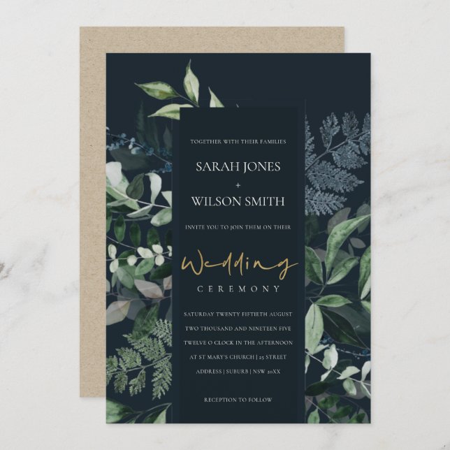 Invitation de mariage Navy Black Feuillage Tropica (Devant / Derrière)
