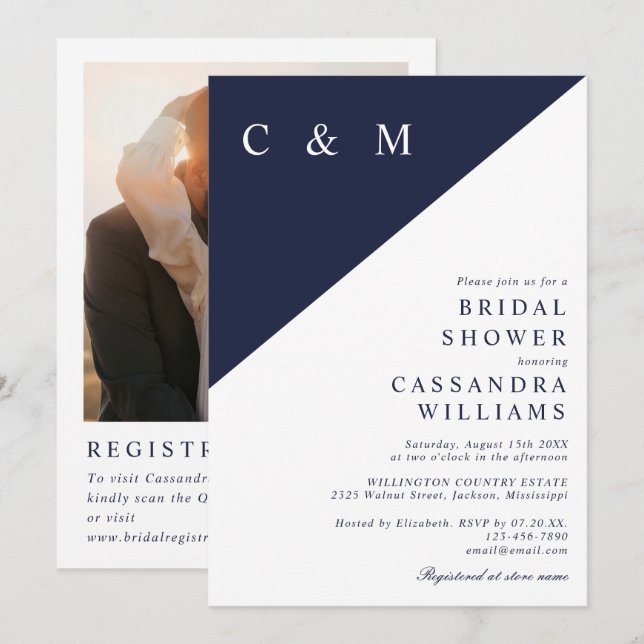 Invitation de mariage Navy Blue Monogram avec code (Devant / Derrière)