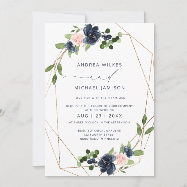 Invitation de mariage Navy & Blush avec faux foil  (Devant)