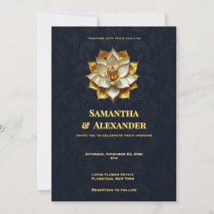 Invitation de mariage Navy Gold Lotus Élégante