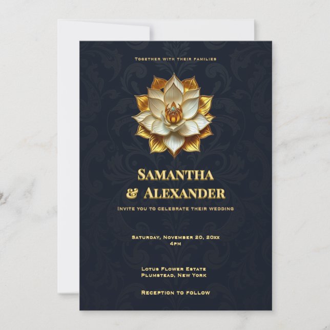 Invitation de mariage Navy Gold Lotus Élégante (Devant)