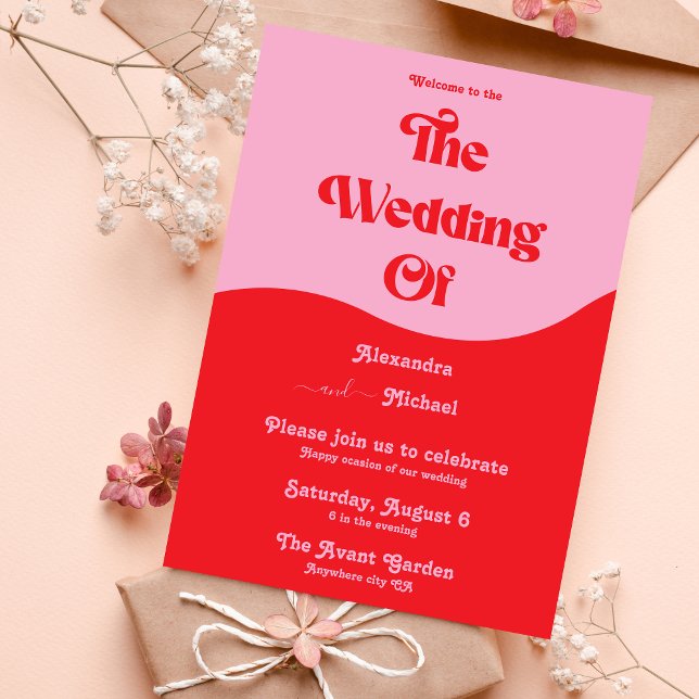 Invitation de mariage néon rose et rouge rétro des (Créateur téléchargé)