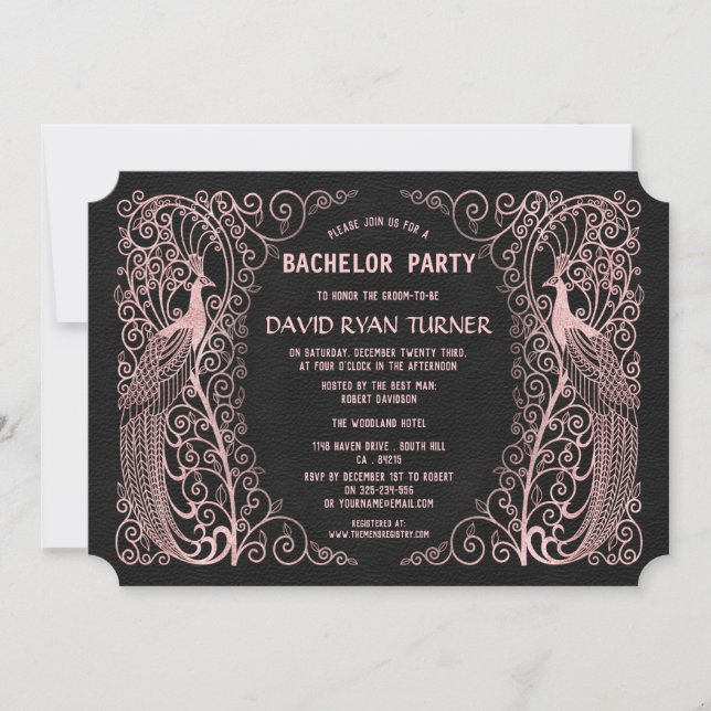 Invitation de mariage noir à motif paon Art déco e (Devant)