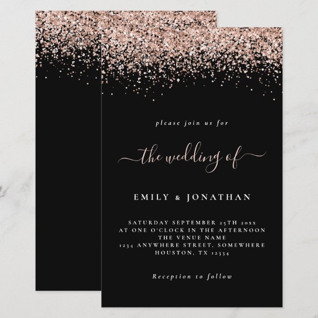 Invitation de mariage noir à paillettes or rose bu (Devant / Derrière)