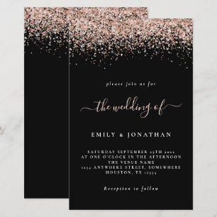 Invitation de mariage noir à paillettes or rose bu