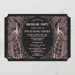 Invitation de mariage noir Art Déco Paon Or Rose