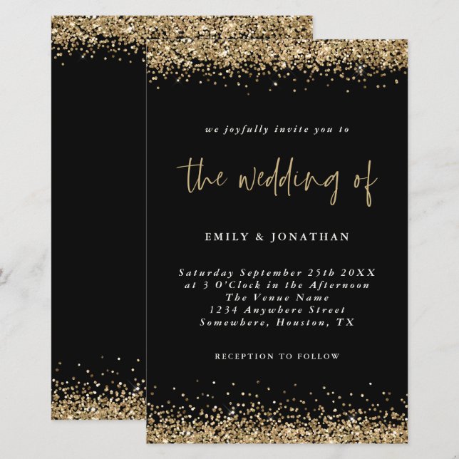 Invitation de mariage noir avec paillettes dorées  (Devant / Derrière)