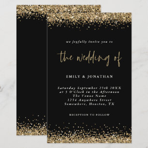 Invitation de mariage noir avec paillettes dorées 