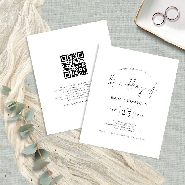 Invitation de mariage noir blanc du code QR du scr (Front and back view)