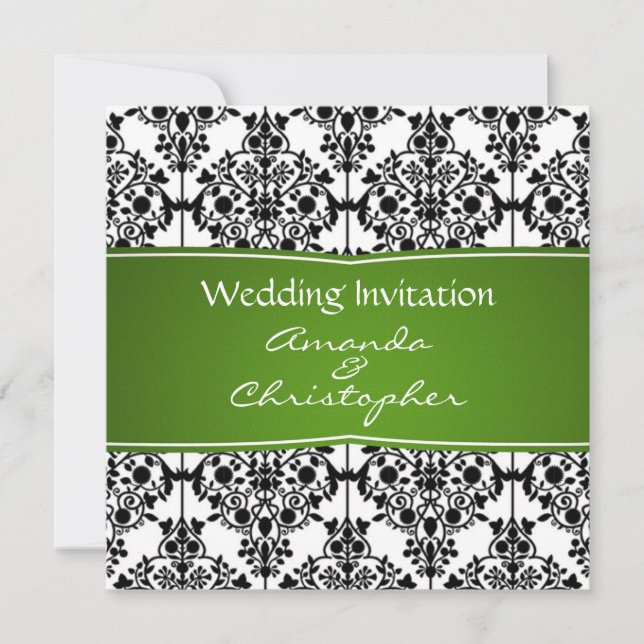Invitation de mariage noir, blanc et vert Damas (Devant)