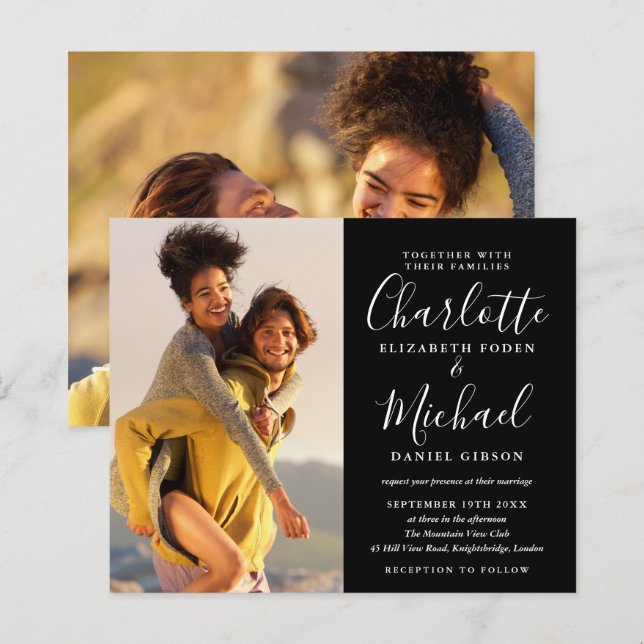 Invitation de mariage noir et blanc à petit budget (Devant / Derrière)