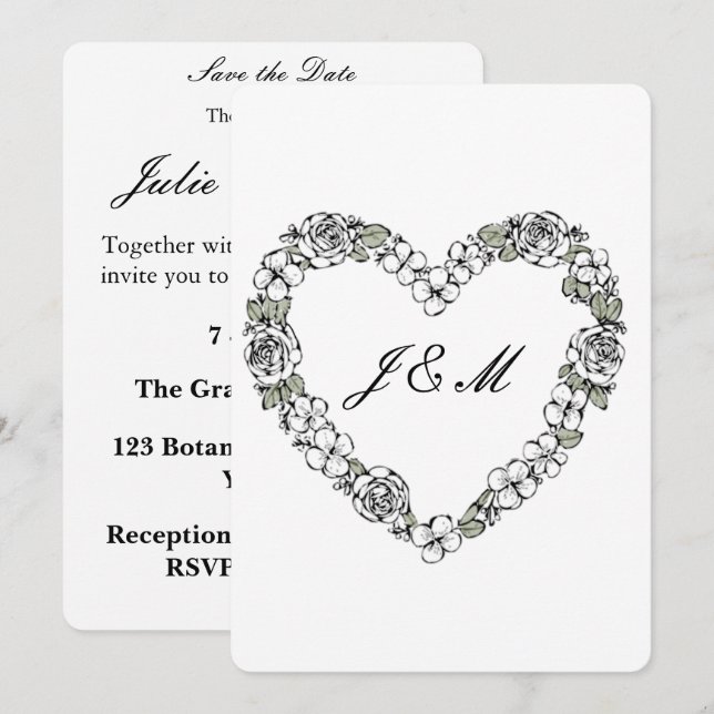 Invitation de mariage noir et blanc coeur Floral (Devant / Derrière)