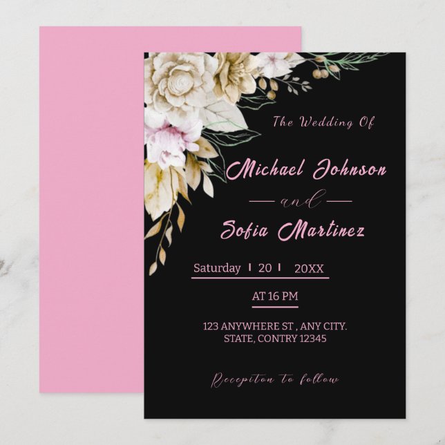 Invitation de mariage noir et rose moderne | Chic  (Devant / Derrière)