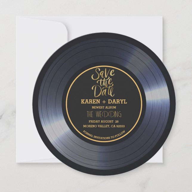 Invitation de mariage noir rétro disque vinyle Enr (Devant)