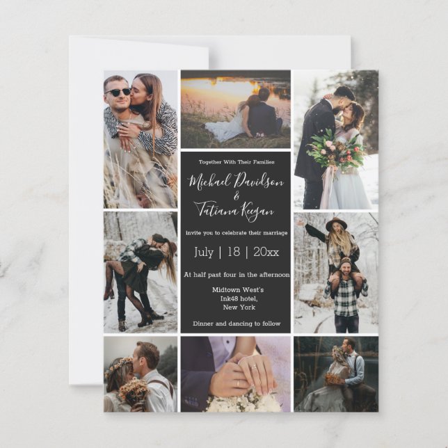 invitation de mariage noire collage 8 photos budge (Devant)