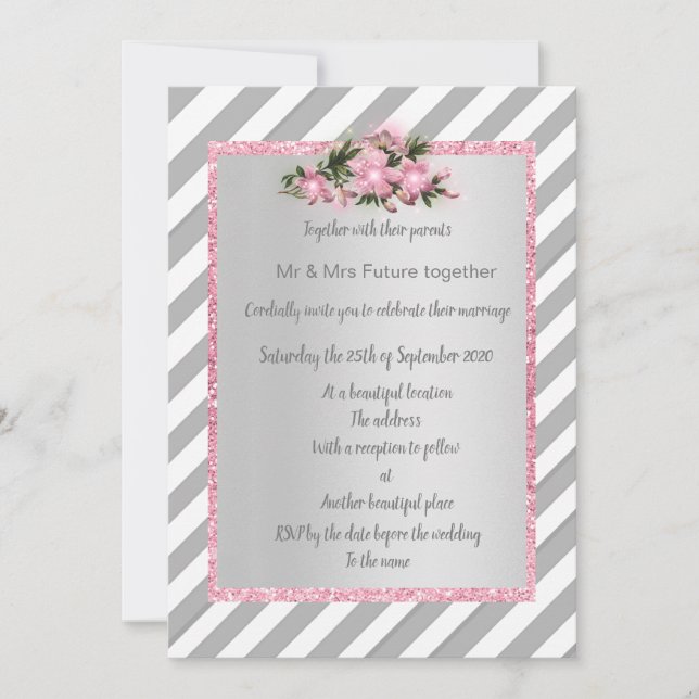 Invitation de mariage nouvelle fleur rose rayure g (Devant)