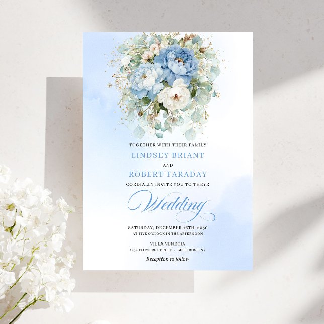 Invitation de mariage numérique florale bleu pouss (Chic Dusty Blue Floral Digital Wedding Invite)