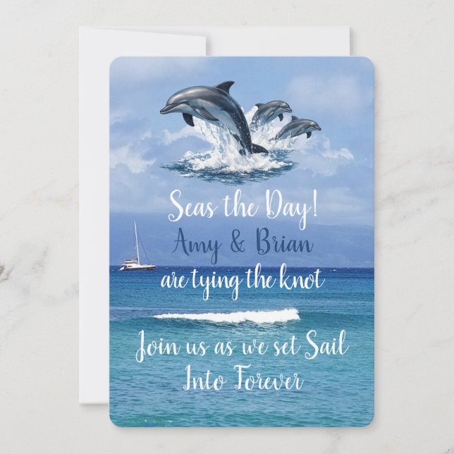 Invitation de mariage océanique à 3 dauphins saisi (Devant)