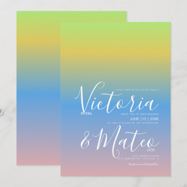 Invitation de mariage ombré jaune bleu rose (Devant / Derrière)