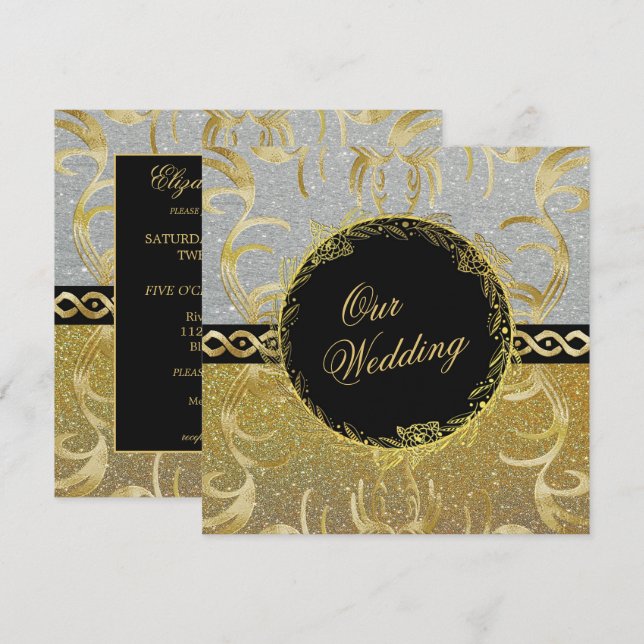 Invitation de mariage or et argent glamour (Devant / Derrière)