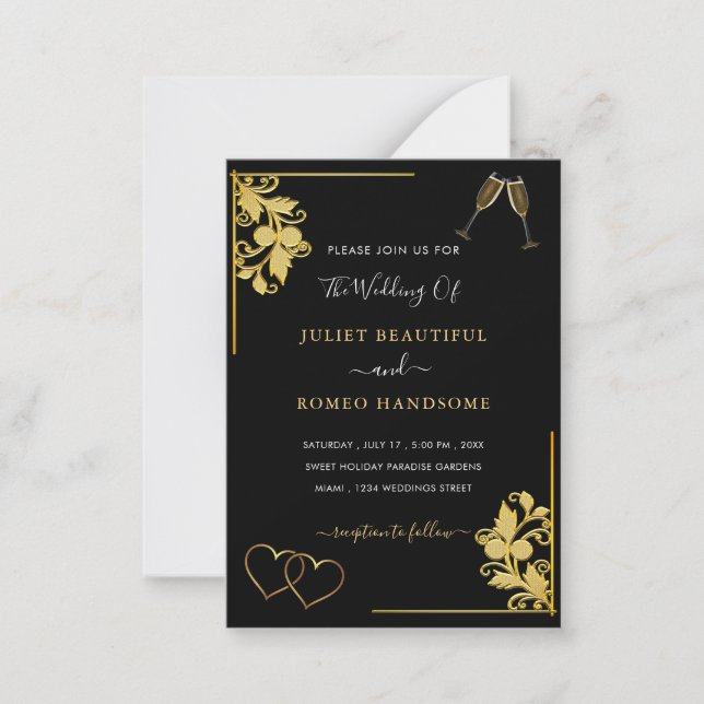Invitation de mariage Or Noir Cœurs et Champagne (Devant)