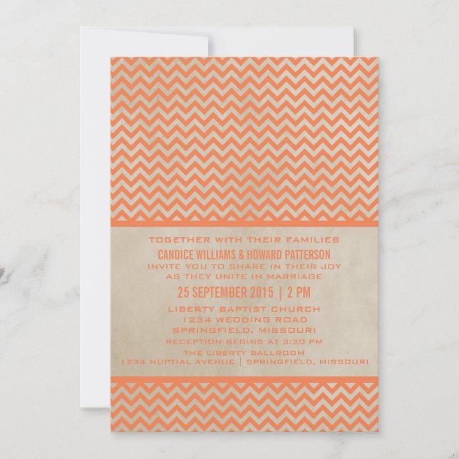 Invitation de mariage Orange Chic Chevron (Devant)