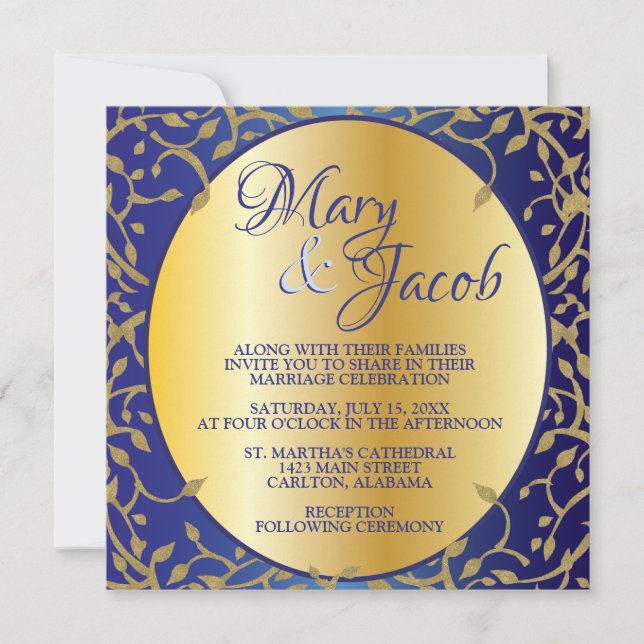 Invitation de mariage ornée de bleu royal et d'or (Devant)