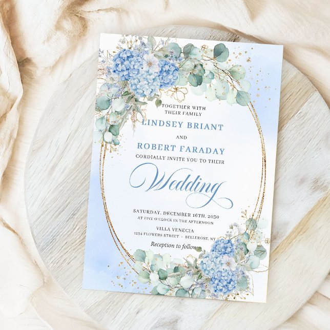 Invitation de mariage ovale dorée à fleurs bleues  (Modern Blue Floral Gold Oval Wedding Invite)