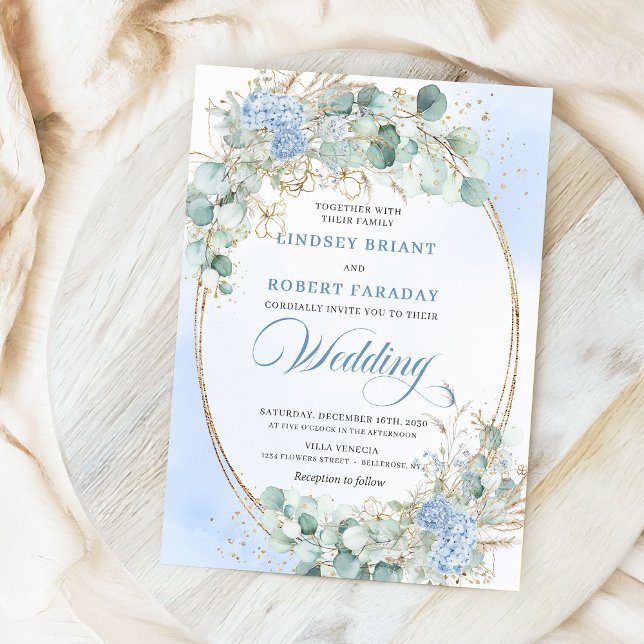 Invitation de mariage ovale en blé floral bleu chi (Chic Blue Floral Wheat Gold Oval Wedding Invite)