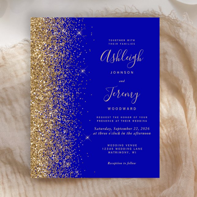 Invitation de mariage pailleté or bleu royal à pet (Créateur téléchargé)