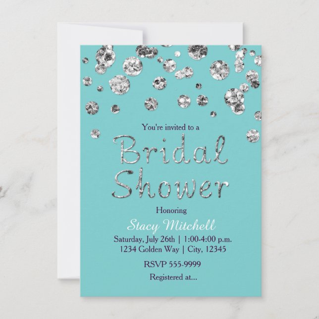 Invitation de mariage pailletée argent turquoise (Devant)
