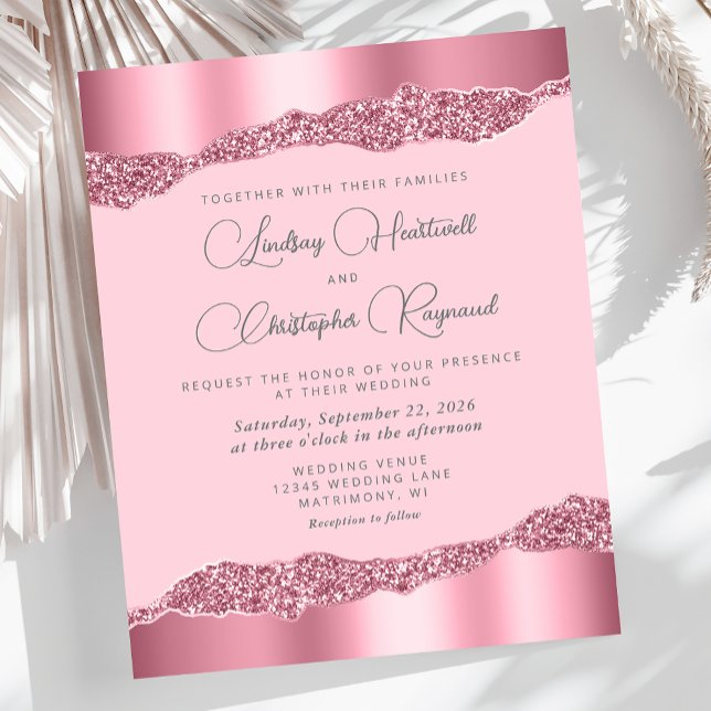 Invitation de mariage pailletée avec feuille rose  (Créateur téléchargé)
