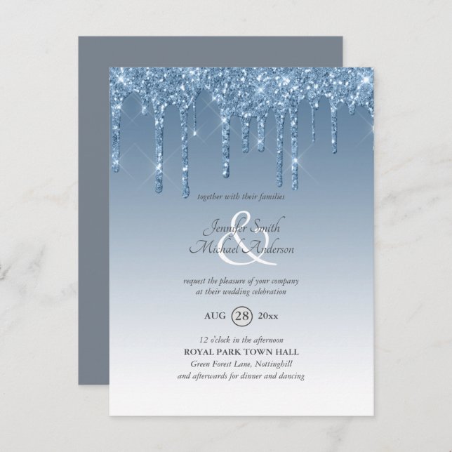 Invitation de mariage pailletée bleu roi avec effe (Devant / Derrière)