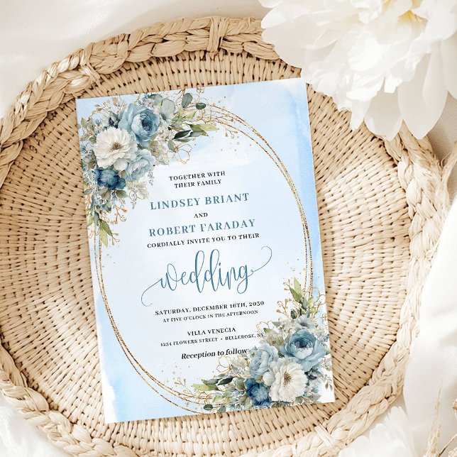 Invitation de mariage pailletée d'or à motif flora (Blue Floral Eucalyptus Gold Glitter Wedding Invite)