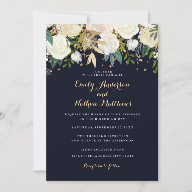 Invitation de mariage pailletée florale Navy Or (Devant)