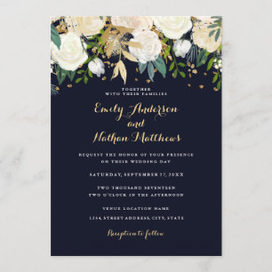 Invitation de mariage pailletée florale Navy Or